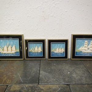Set of Four 3 Dimensional Sailboat Pictures * sail ship art *  two 6.5&quot; by 5&quot; & two  4&quot; by 4&quot; * handmade in Spain
