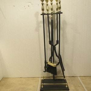FIREPLACE TOOL SET;  Brass handle shovel, broom , poker and tongs on Black iron stand * Iron tools **Free Shipping**  #Brsfpl-B