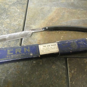 The ERN RAZOR  Straight edge razor, Wald Germany #82 on box  ,  The Palmer Chicago 21 on Blade , Barbers Razor