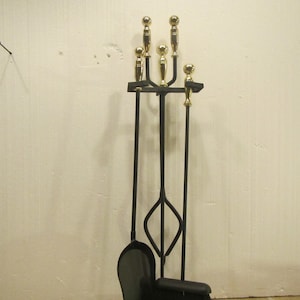 FIREPLACE TOOL SET;  Brass handle shovel, broom , poker and tongs on Black iron stand * Iron tools **Free Shipping**  #BrshdlA