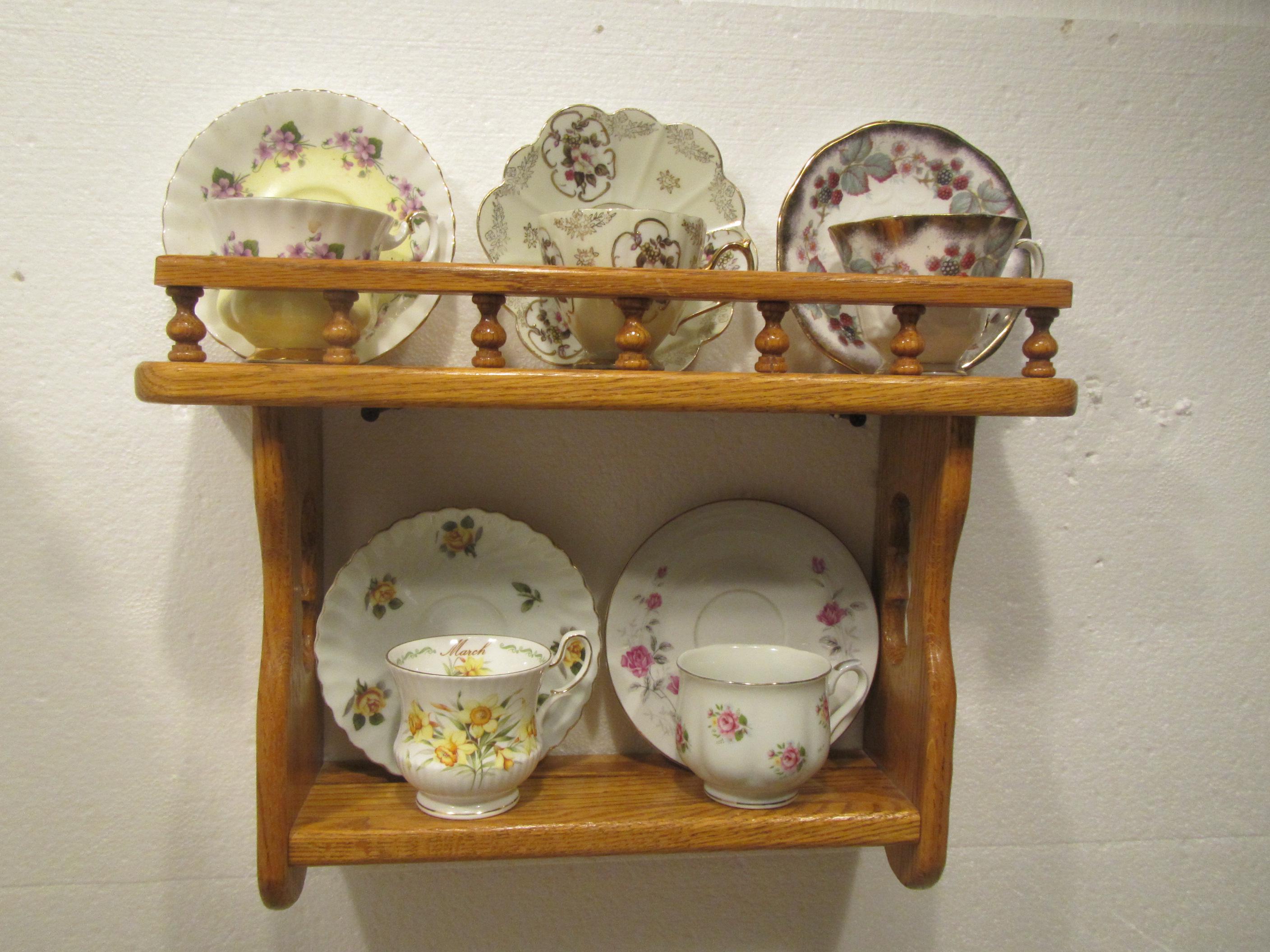 Hardwood Tea Cup and Saucer 2 tier Wall Shelf with Plate Rail and grooves,  wood shelf , Display Curio, *** FREE SHIPPING *** Hdwd2trl