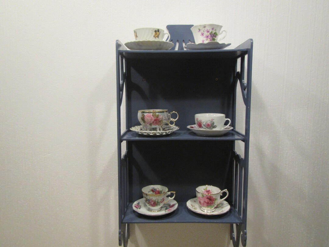 Wood Blue Display Shelf Tea Cup and Saucer Shelf With Scroll Etsy