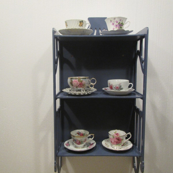 Wood Blue Display shelf, Tea Cup and Saucer Shelf with Scroll work sides , 3 tier display shelf* holds 6 sets , scroll work FREE SHIPPING