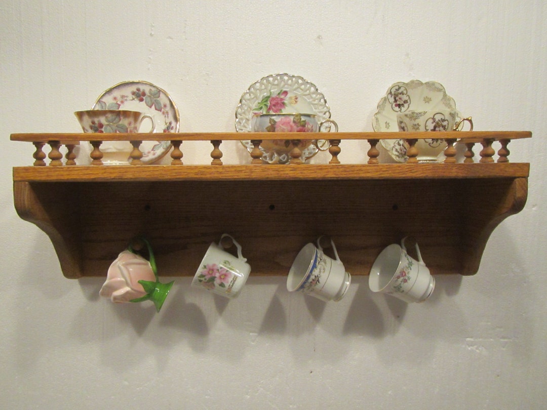 Oak Cup and Saucer Shelf With Railing and 4 Pegs, Hangs on Wall , Rack