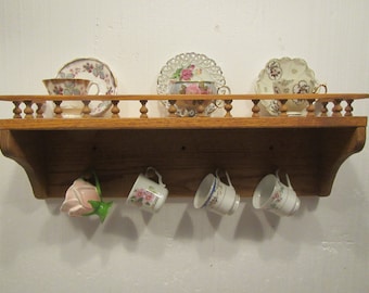 Oak Cup and Saucer Shelf with railing and 4 pegs, hangs on wall , Rack, Trophy shelf, Display Curio,  26 inch **FREE SHIPPING** Oak 26rail