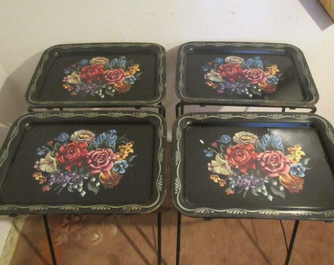 Set of 4 Crestline Black Metal TV Trays With Storage , Metal Trays , Floral Design , Folding