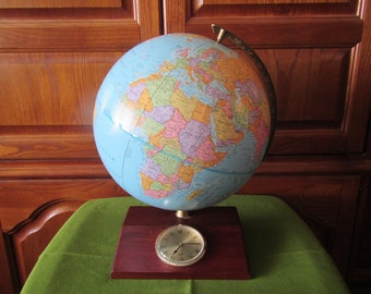 vintage CRAM'S Imperial Land and Sea World Globe with Wood Base and built in Clock, 12 inch World Globe , planet earth, geographical