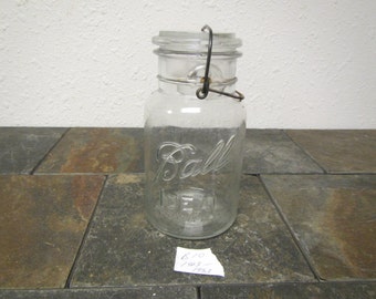 Clear Glass BALL IDEAL JAR, glass cover and wire bail: quart jar, July 14, 1908 patent ,8 on jar bottom , canning jar * 1923 - 1933  * #B-10