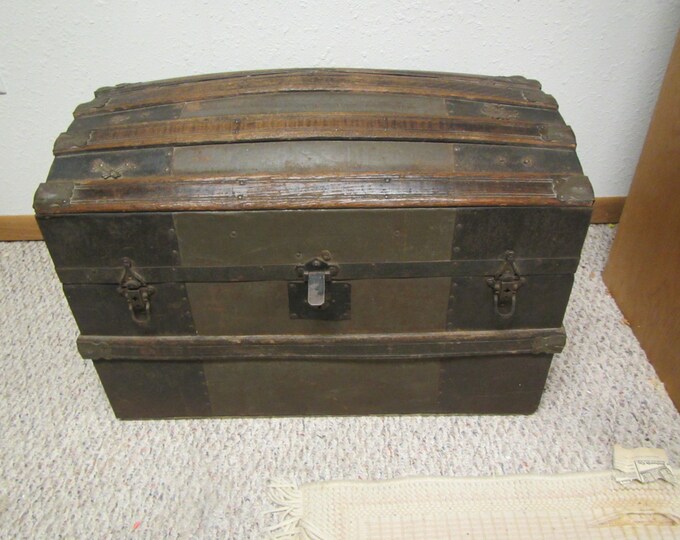 Antique Round Top Steamer Trunk, Treasure Chest Style, Wood and Metal