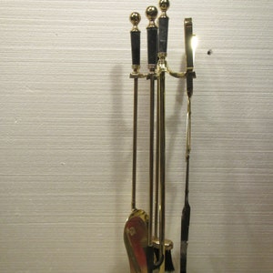 Brass and Marble FIREPLACE TOOL SET;  Brass plated  shovel, brush, Tongs, and poker in stand with marble handles and metal base {FP400}