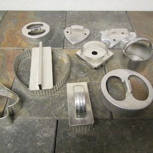 10 vintage COOKIE CUTTERS, Pastry Cutters, several shapes and sizes ** cookie molds**  baking tools ,**mid century kitchen tools* C-2