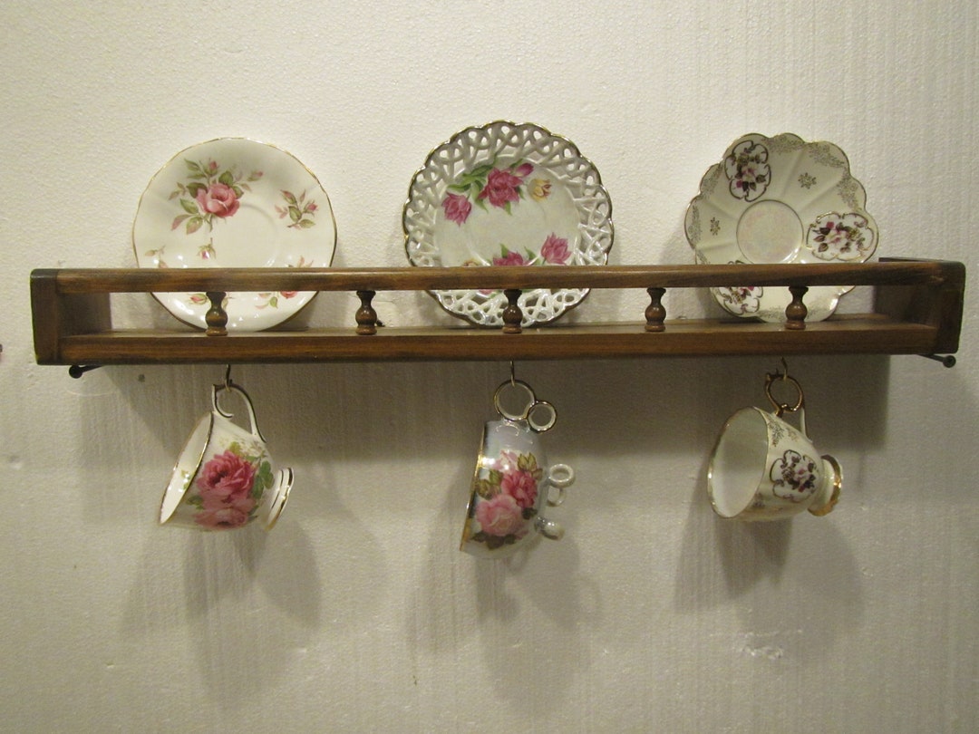 24 Wood Wall Shelf Plate Groove, Plate Rail, and Brass Cup Hooks Cup