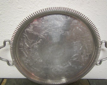 vintage 13 in. round DESIGNED ALUMINUM SERVING Tray with handles ; Flower & fruit design