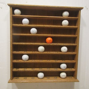 Wood GOLF BALL Display Shelf, Golf ball Rack, golf ball Display Case, hangs on wall or table top, holds 64 golf balls *64oak *FREE Shipping*