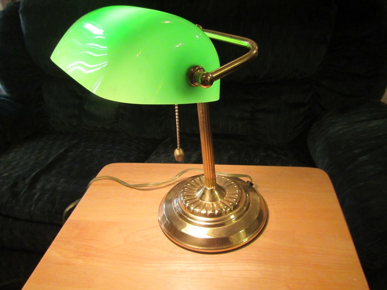 Vintage Brass Desk Lamp With Green Glass Shade Bankers Etsy