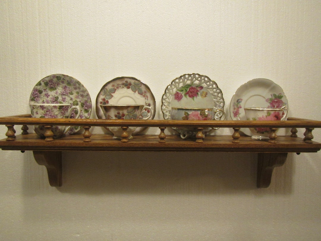 26 Inch Oak Wall Shelf With Groove and Plate Rail, Cup & Saucer Shelf