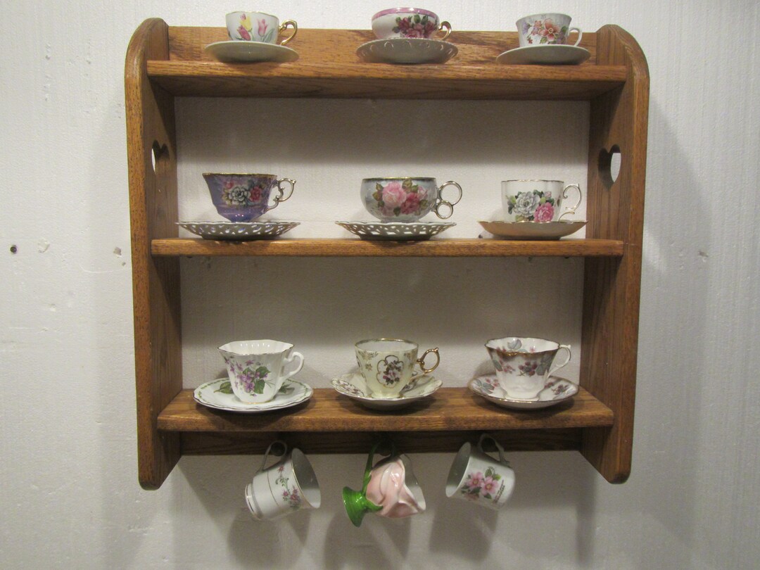 Oak Cup and Saucer Shelf With 3 Pegs, Hangs on Wall , Rack, Trophy