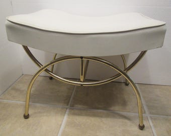 vintage Hollywood Regency Vanity Bench, White with brass color legs, stool, chair **FREE SHIPPING **