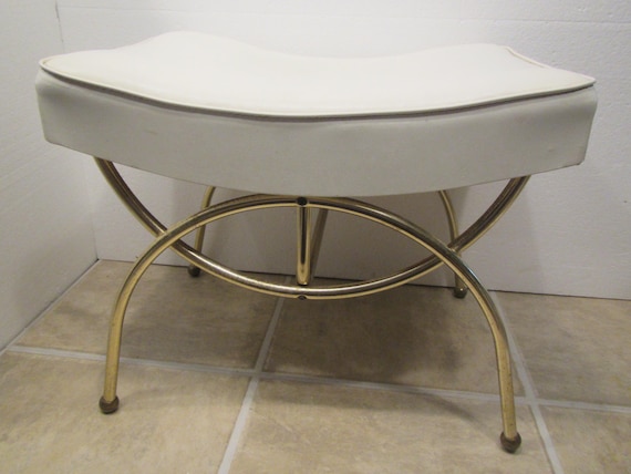 vintage Hollywood Regency Vanity Bench, White with brass color legs, stool, chair **FREE SHIPPING **