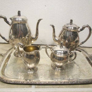 Wm.A Rogers CAROL Silver plate Tea pot, coffee pot , Creamer & sugar bowl with cover , on lg Serving Tray , mid century, ** FREE SHIPPING **