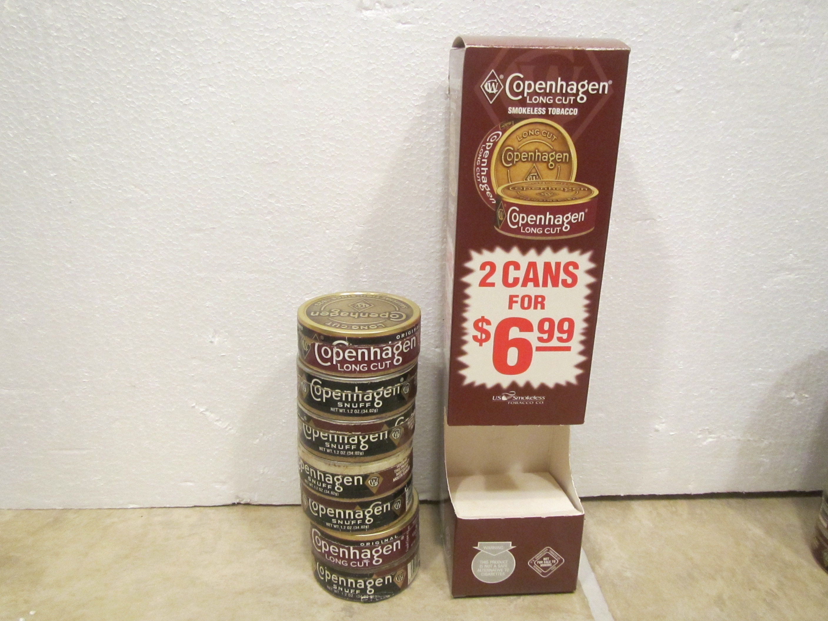 how many grams of tobacco in a can of copenhagen Vintage Copenhagen Long Cut Smokeless Tobacco Display With 6 Empty Snuff  Cans ** 1990s ** Tobacco Advertising * Tobacciana * FREE SHIPPING