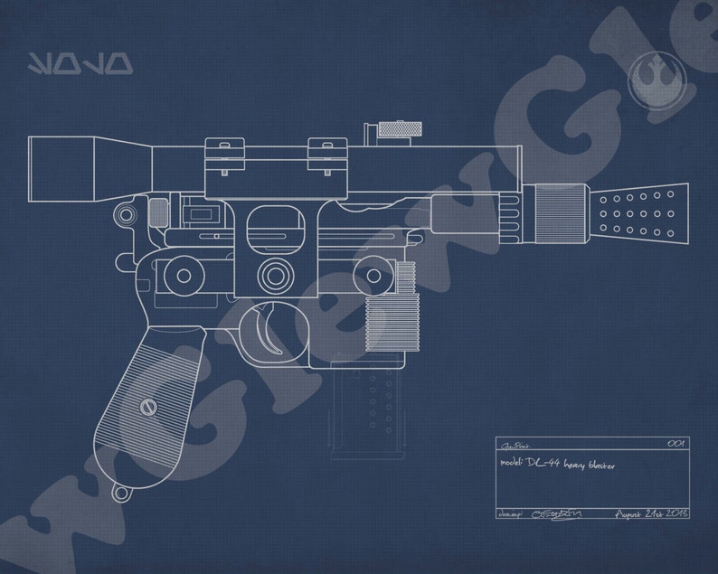 Blueprint of Han Solo's blaster. Star Wars retro and rad. Etsy