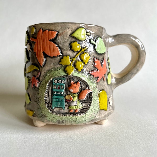 100 ml/ 3.4 oz espresso mug, Fox in a cozy woodland burrow home miniature scene pottery mug, cottagecore ceramic mug by Milushka