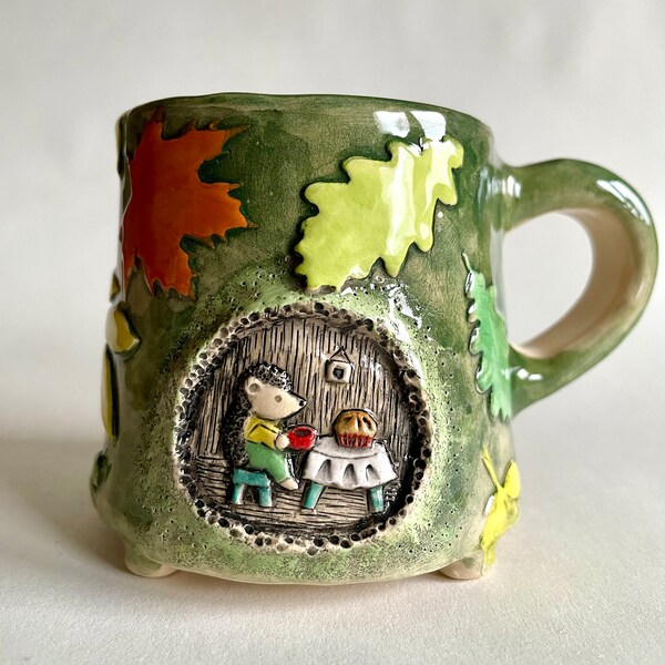 100 ml/ 3.4 oz espresso mug -Hegdehog having tea in a hollow cup, Cozy woodland miniature scene little mug, cottagecore ceramics by Milushka