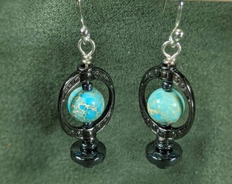 E023 - Aqua Terra & Onyx Toned Earrings