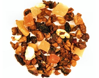 May include: A mix of dried fruits and nuts, including pineapple, mango, and cranberries. The mix is a blend of brown, orange, and white pieces.