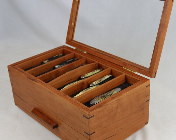 Knife Display Case With a Glass Top and Accessory Drawer Removeable