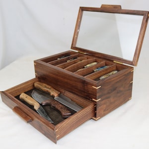Knife display case with a glass top and accessory drawer - removeable tray - 12 slots - solid walnut  #463