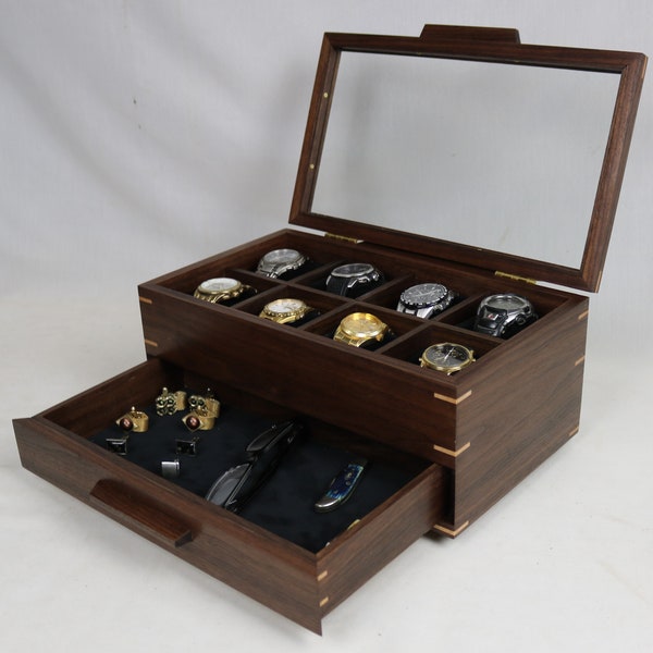 Watch Box with a cufflink drawer and glass top - Holds 8 watches - includes 8  3" pillows - Walnut with a glass top #690