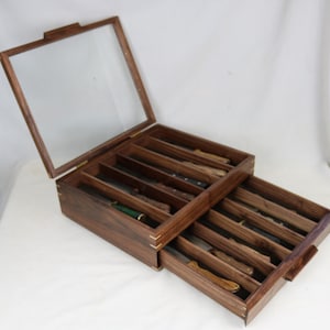 Knife display case with a glass top and drawer - solid walnut