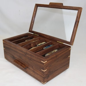 Knife display case with a glass top and accessory drawer - removeable tray - 12 slots - solid walnut  #464