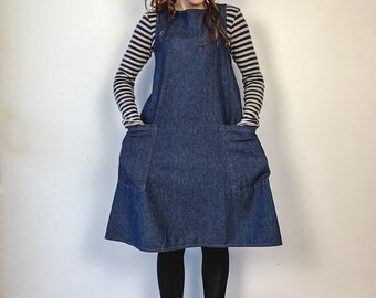 long denim dress with pockets