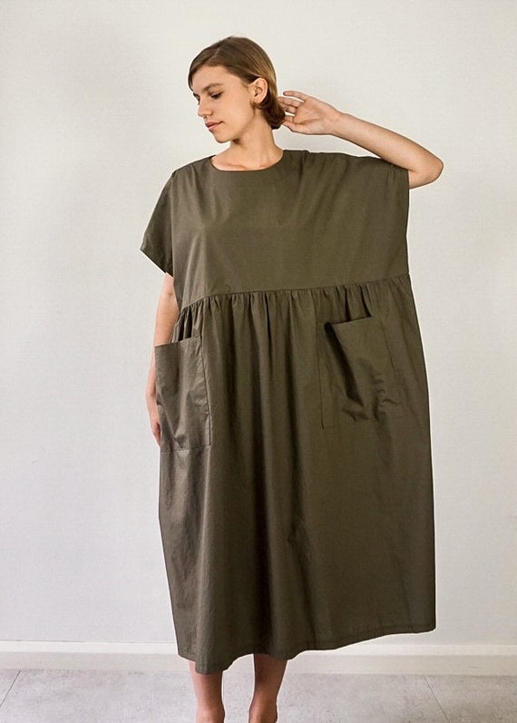 Smock Dress/ Cotton Dress/ Olive Green 