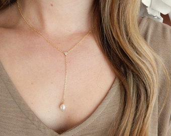 Gold Cubic Zirconia Pearl Lariat Necklace | Delicate Y necklace Long Gold Necklace Long Lariat Gold Y Necklace Zirconia Fresh Water Pearl