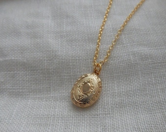 Tiny Gold Oval Locket Necklace: Vintage Style Charm Pendant