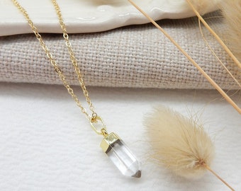 Gold Crystal Quartz Necklace | Long Raw Quartz Pendant Modern Gemstone Necklace Short Clear Stone Custom Necklace for Layering Gold Silver