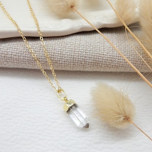 Gold Crystal Quartz Necklace | Long Raw Quartz Pendant Modern Gemstone Necklace Short Clear Stone Custom Necklace for Layering Gold Silver