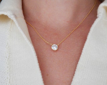 Gold Bezel Cubic Zirconia Necklace | Gold Diamond Necklace Modern Necklace Crystal Short Long Simple Layering Necklace Round Diamond