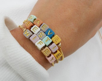 Gold Custom Bead Name Bracelet | Adjustable Word Bracelet Personalized Bracelet Stack, Kids Name Mama Bracelet Set, Friendship Bracelet