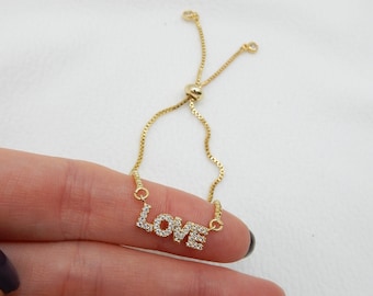 Gold LOVE Letter Bracelet | Adjustable Gold Love Bracelet Gold Chain Bracelet Slider Bracelet Gold Link Bracelet for Women Simple Bracelet