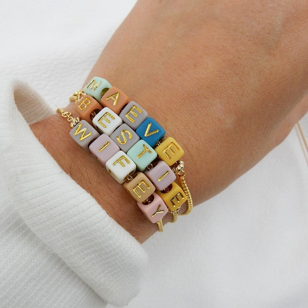 Gold Custom Bead Name Bracelet | Adjustable Word Bracelet Personalized Bracelet Stack, Kids Name Mama Bracelet Set, Friendship Bracelet