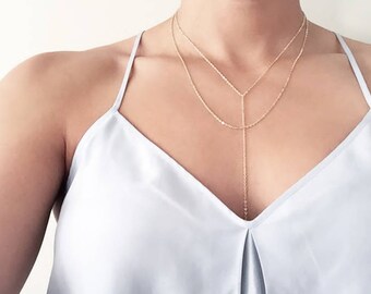 Gold Layered Heart Necklace | Gold Lariat Necklace, Y Necklace Long Lariat Necklace, Dainty Lariat Necklace, Layered Minimalist Chain Drop