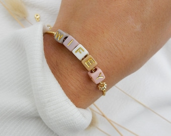 Gold Custom Bead Name Bracelet | Adjustable Word Bracelet Personalized Jewelry Kids Family Cube Bracelet Beaded 90s Gift for Her Bestie