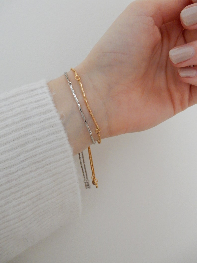 Gold Hammered Bar Bracelet Minimalist Adjustable Slider Bracelet for Women Gold Thin Bar Bracelet for Layering Simple and Cute Bracelet image 7