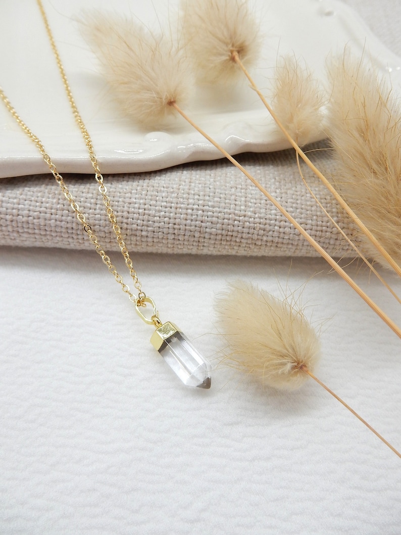 Gold Crystal Quartz Necklace Long Pendant Necklace Accessories for Women Minimalist Gemstone Jewelry Modern Stone Necklace Crystal image 3