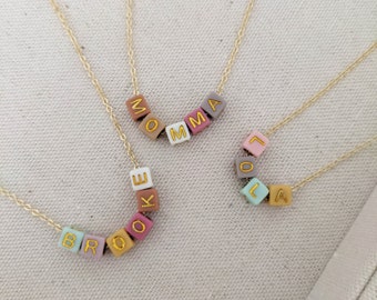 Gold Colour Beaded Word Necklace | Custom Name Initial Necklace Personalized Jewelry Kids Family Cube Necklace Word Necklace Beaded 90s Gift